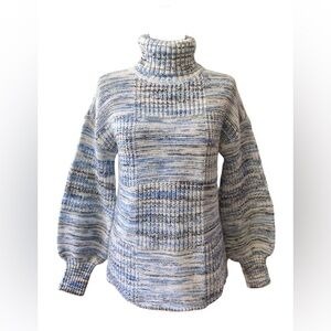 Liz Claiborne: Blue and White Brush Pattern Knitted Wool Mix Turtleneck Sweater